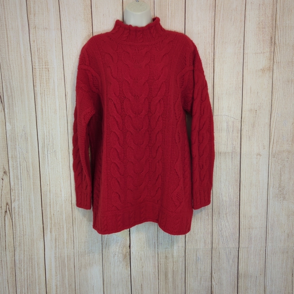 Vintage Fisherman Cableknit Red Wool Oversized Mockneck Sweater